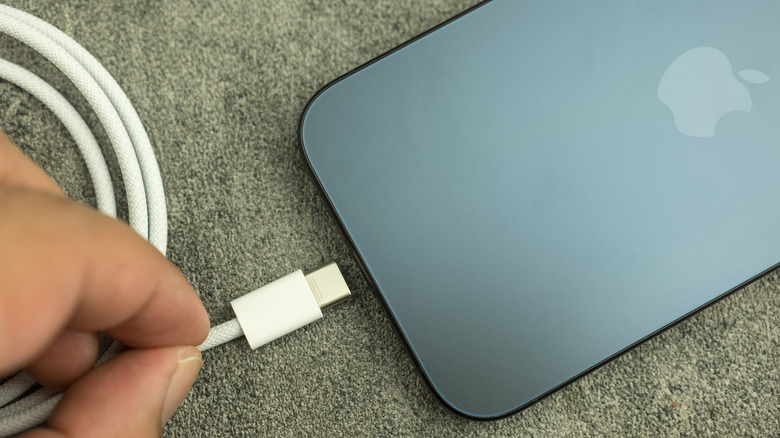 A person connecting an iPhone to power.