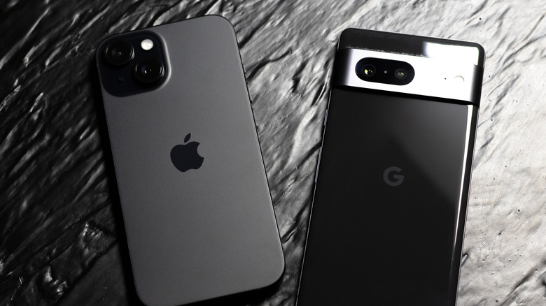 A Google Pixel next to an iPhone.