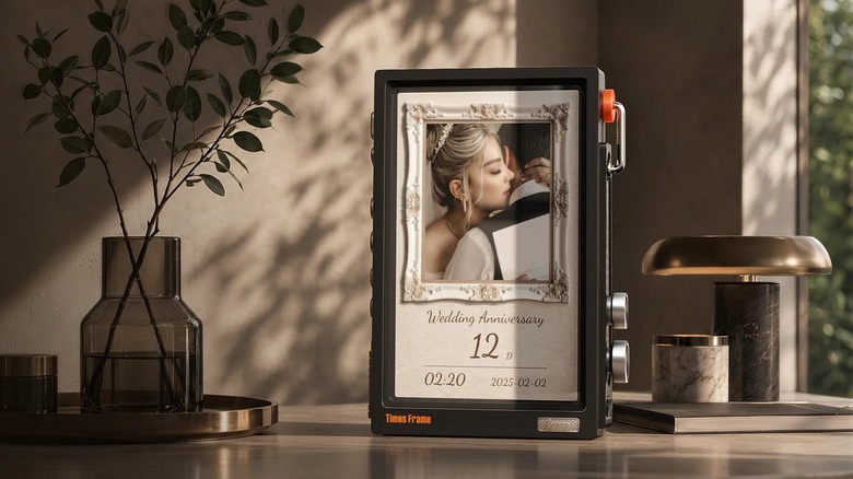 Divoom Times Frame digital photo frame with wedding photos onscreen.