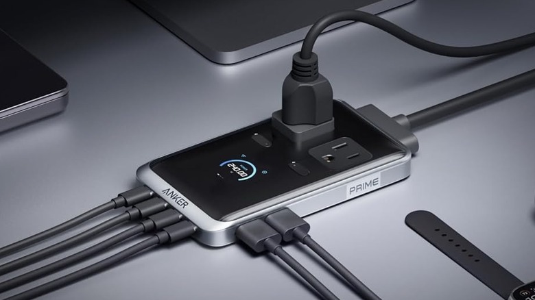 An Anker charging station on a gray surface.