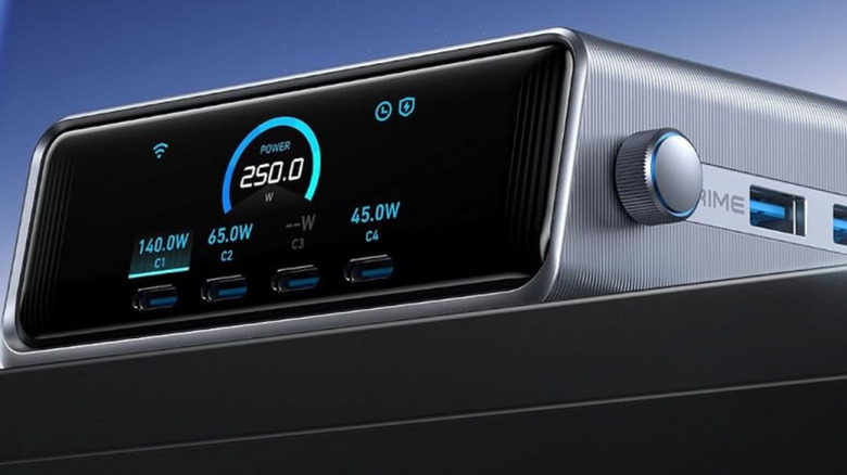 An Anker charging station against a graded blue background.
