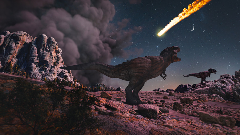 Dinosaur looking at asteroid