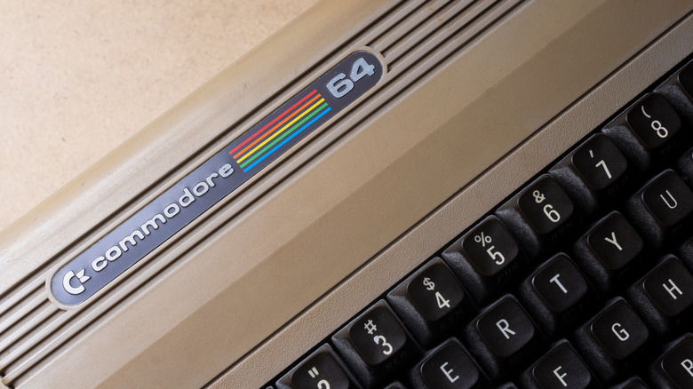 A close-up of the lettering on a Commodore 64 computer