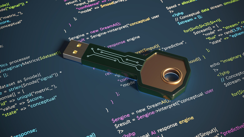 A highly-stylized USB flash drive in the aesthetic of a key-shaped PCB.