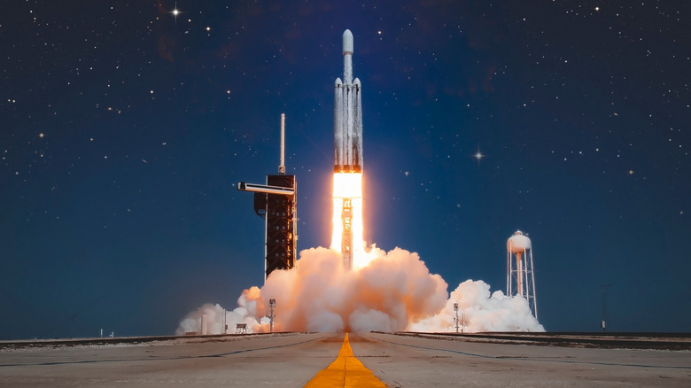 Rocket lunch. A SpaceX Falcon Heavy rocket carrying NASAs Europa Clipper spacecraft lifts elements of this image furnished by nasa