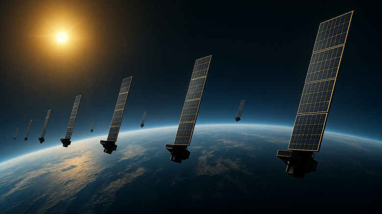 Conceptual art of a constellation of Starlink satellites in low Earth orbit.