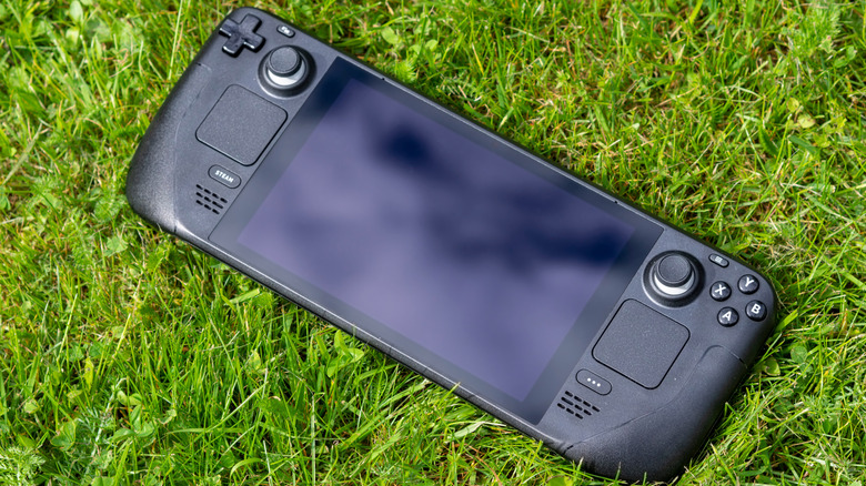 steam deck console on grass