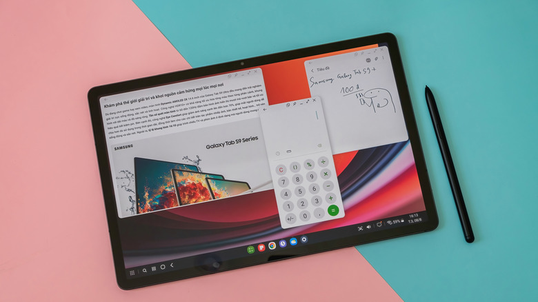 A Samsung Galaxy tablet on a colorful backdrop