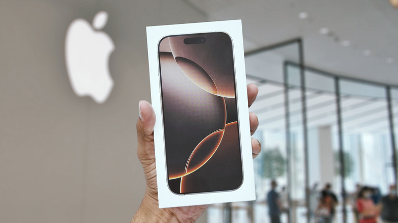 A person holding an iPhone 16 Pro retail box in an Apple store.