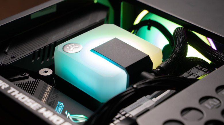 An RGB water cooling block in a mini ITX PC build.