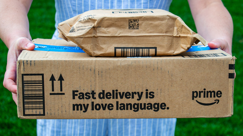 A photograph of a person holding two Amazon Prime packages.