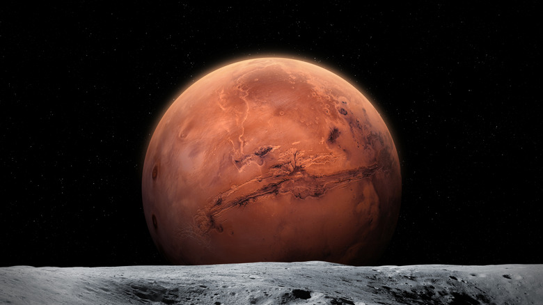 Mars in space viewed from the moon's surface