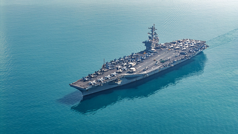 An aircraft carrier at sea