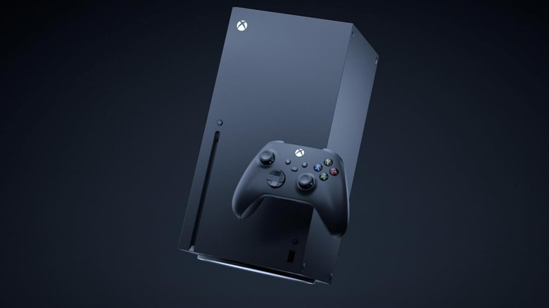 Artistic rendition of the Xbox Series X and console floating a black background