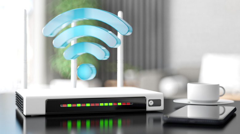 3D Wi-Fi symbol over a router on a table