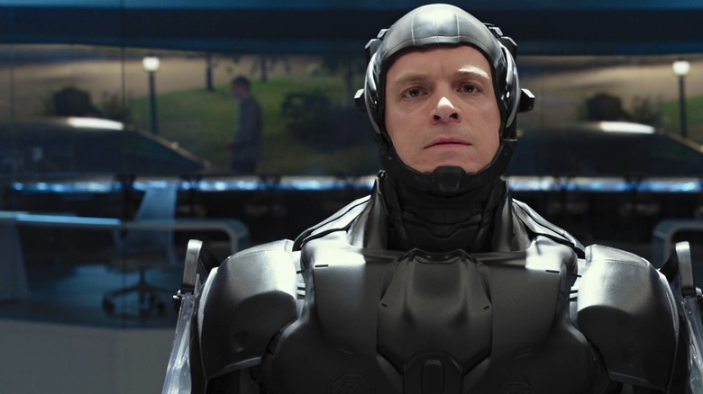 Alex Murphy looking intense in his robot suit