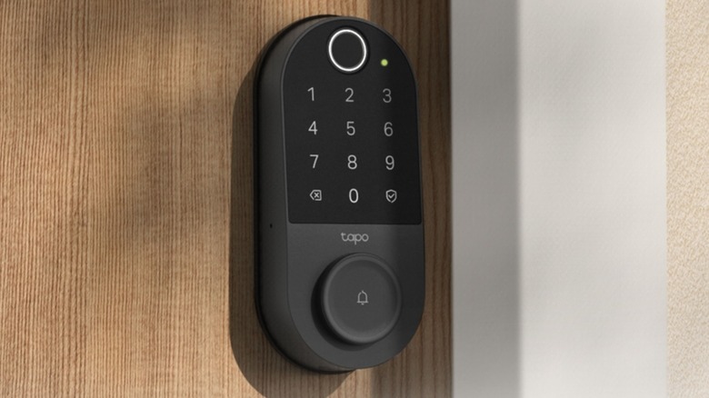TP-Link Tapo smart wi-fi door lock attached to door on sunny day