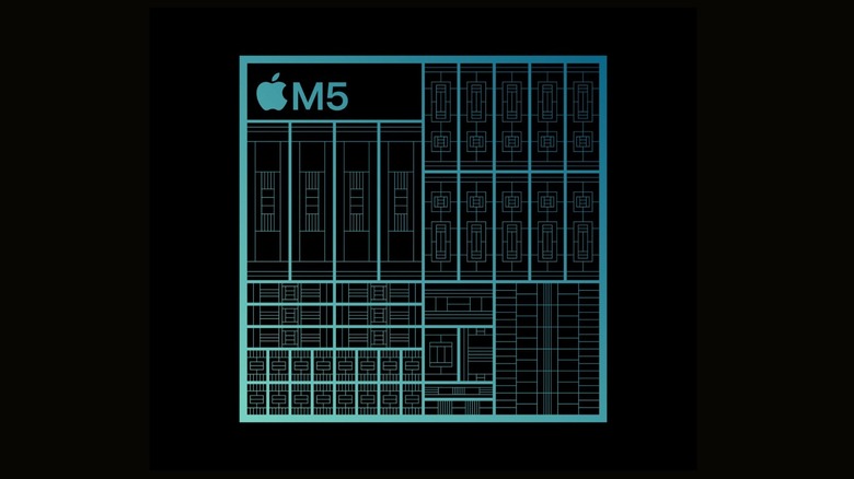 Blue mockup of an M5 processor on a black background