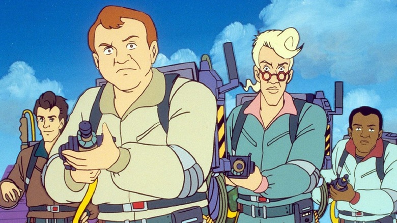 Peter, Ray, Egon, and Winston getting ready to bust a ghost