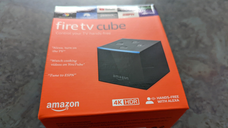 An Amazon Fire TV Cube product box.