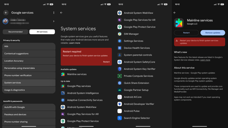 Series of screenshots showing Google's "System services" menu and modules on Android.