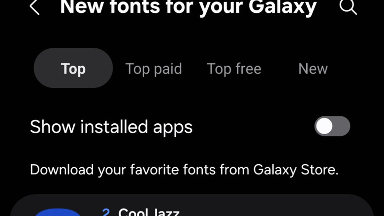 Custom font picker in Samsung device settings.