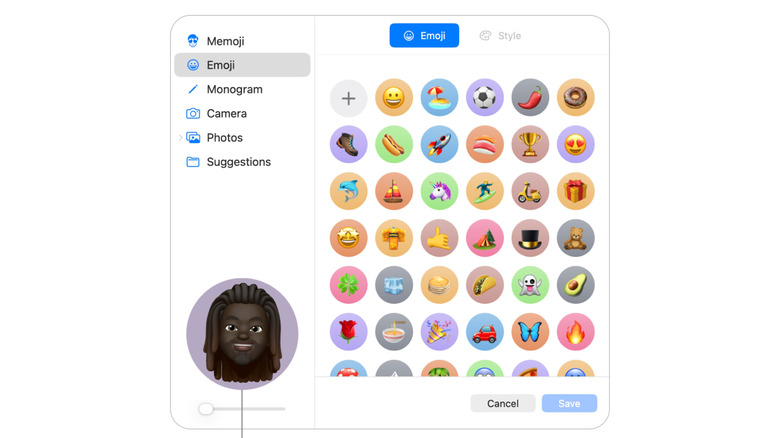 The Emojis option for customizing your user profile image in macOS.