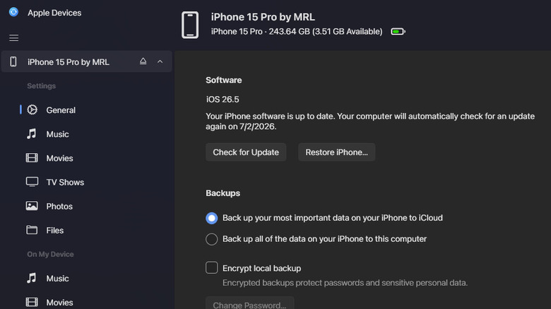 Apple Devices app on PC showing iOS version of connected iPhone