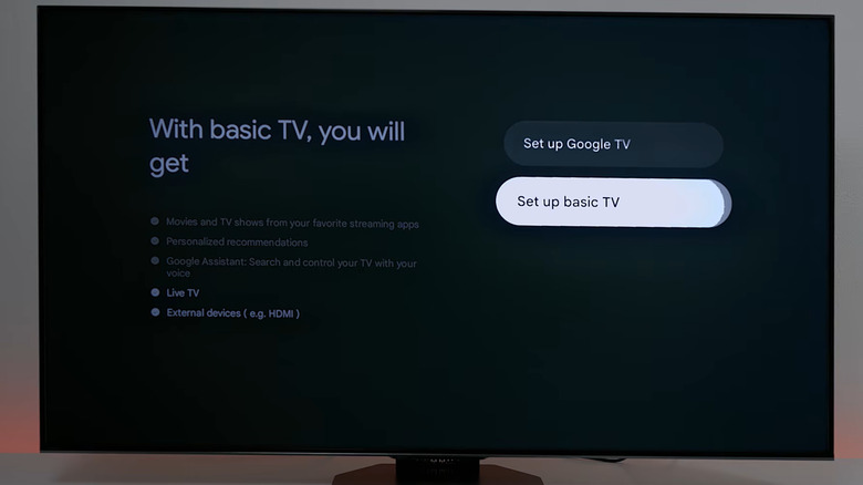 TV screen showing Google TV's initial setup with the set up basic TV option highlighted.