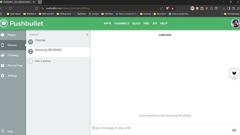 Screenshot of Pushbullet UI, connected to Android phone for sharing.