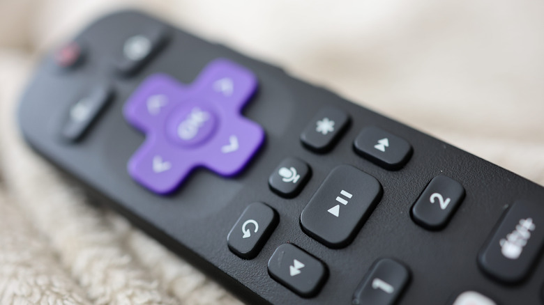 A Roku remote for a streaming device or smart TV.
