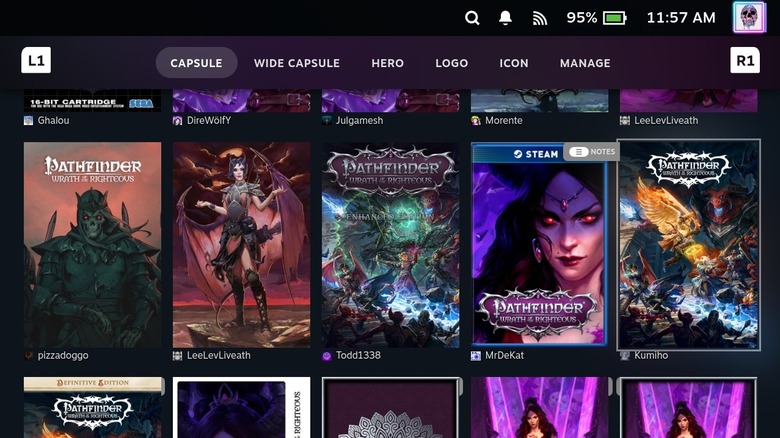 SteamGridDB artwork selection menu in Decky Loader plugin.