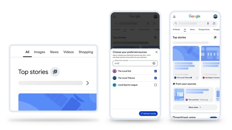 Setting up Preferred Sources in Google Search on mobile.