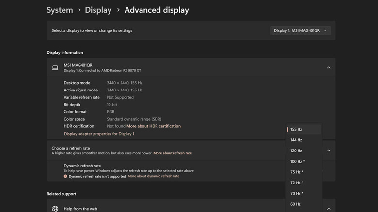 Screenshot of Advanced Display settings in Windows 11