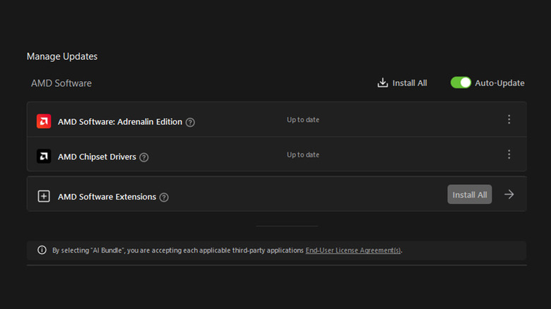 A screenshot of the AMD driver update hub in AMD Adrenaline