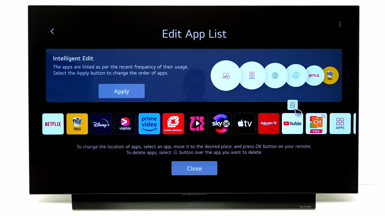 LG TV showing Edit App List screen with trash icon over YouTube app
