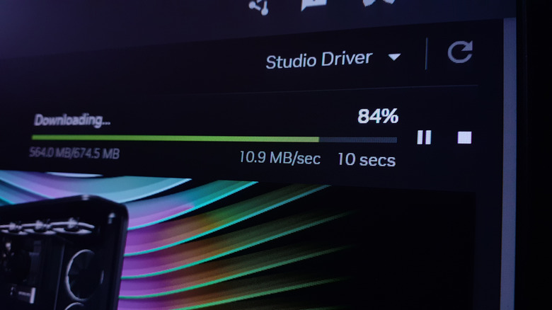 Close-up of an NVIDIA app downloading drivers.