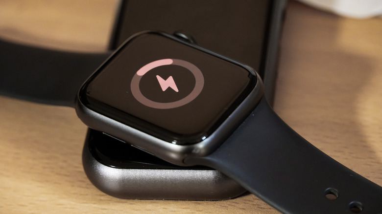 Apple Watch showing low battery levels.