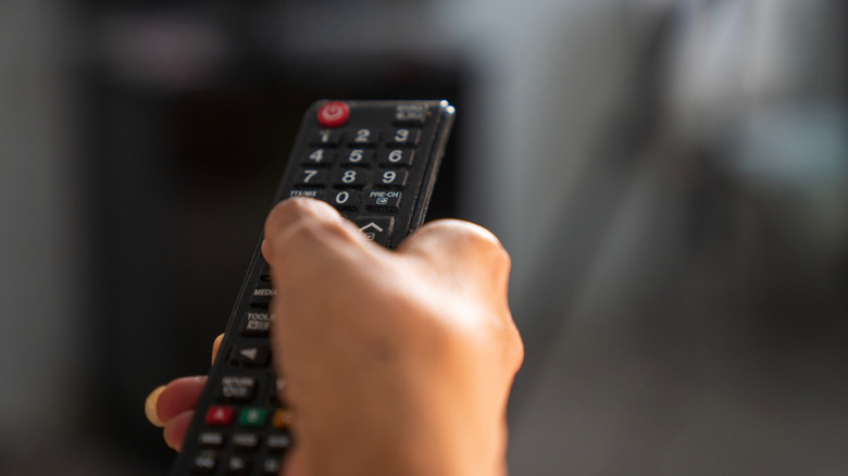 Close-up of a person's hand using a TV remote