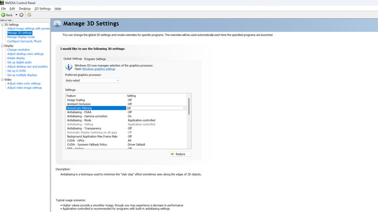 Nvidia Control Panel open to the Manage 3D Settings page.