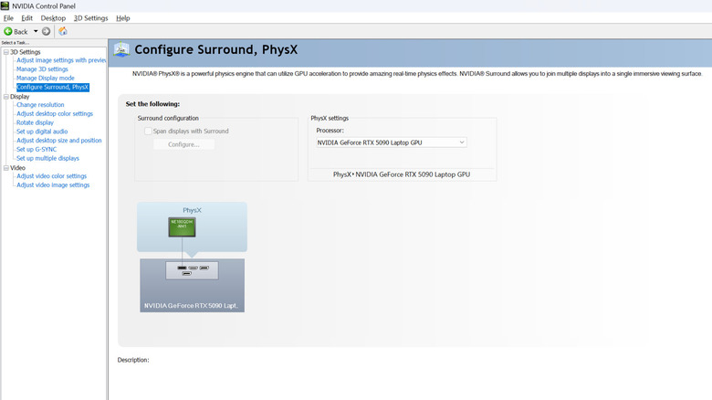 Nvidia Control Panel open to the Configure Surround, PhysX page.