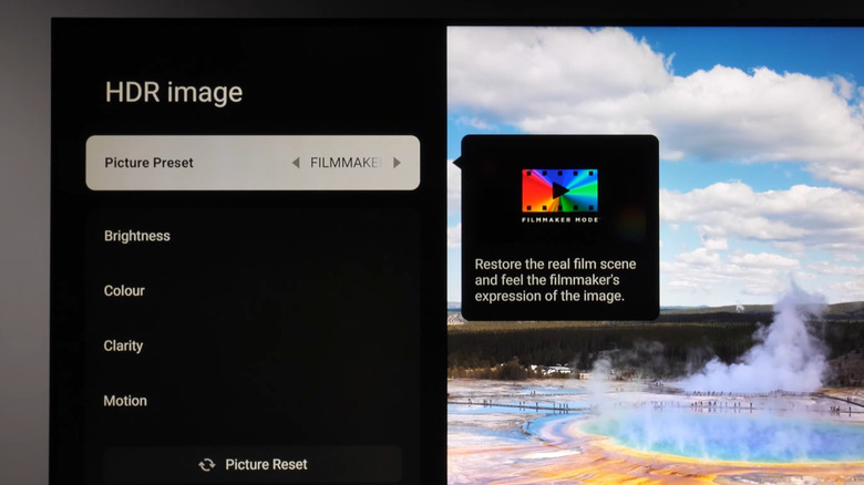 A TCL TV having its picutre preset changed to filmmaker mode.