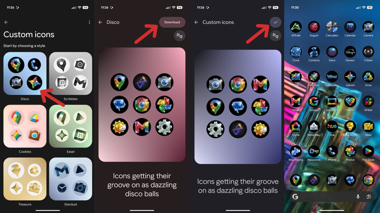 A set of screenshots demonstrating how to download and apply the new Disco icons on a Google Pixel.