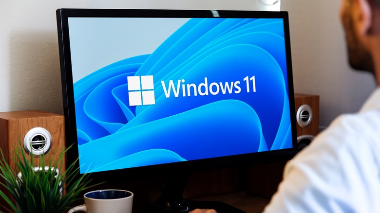 Windows 11 logo on a large computer monitor.