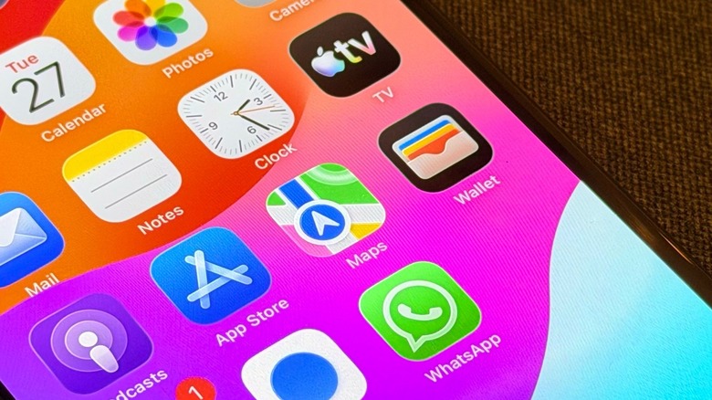 iPhone Home Screen with several stock apps, including the Wallet app