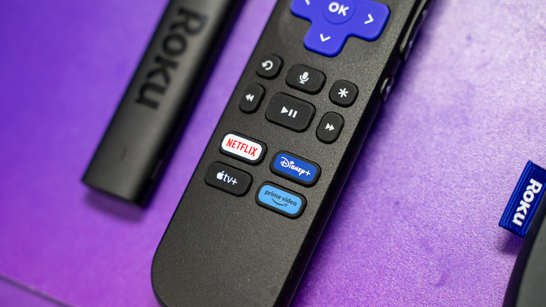 Close up of the Roku voice remote with the microphone icon visible.