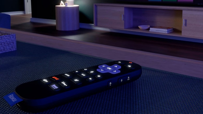 Roku voice remote pro with backlit buttons turned on.