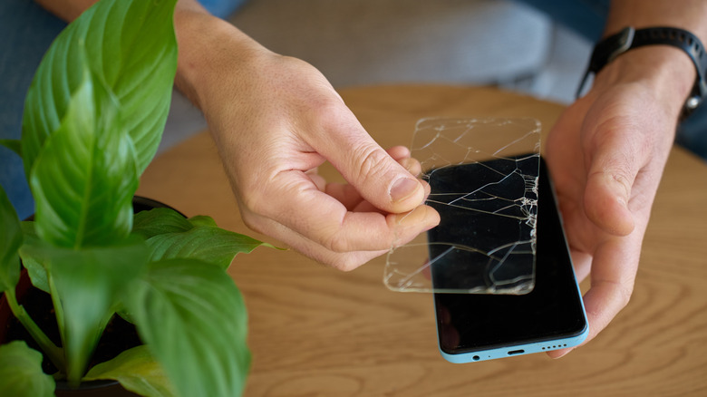 A person removing a cracked screen protector from a smartphone