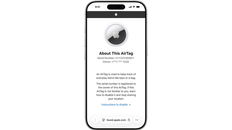 An About This AirTag notification on an iPhone