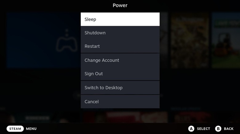 Steam Deck power options menu from within game mode.